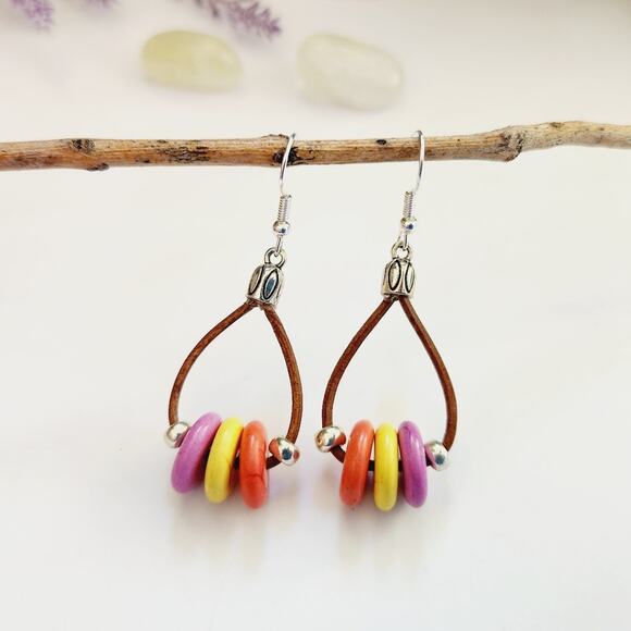 Leather Cord Dangle Earrings, Multicolor Turquoise Stone Beads Drop Earrings - Picture 4 of 9